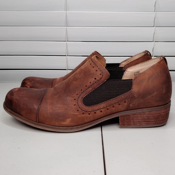 Kork-Ease Brown Leather Boho Low Stacked Heel Slip On Loafers Ankle Booties Sz11 - Picture 2 of 13